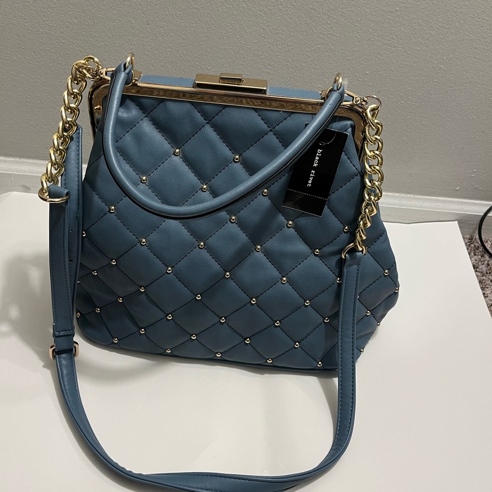Black Rivet Blue Quilted Handbag with Gold Chain Make An Offer
